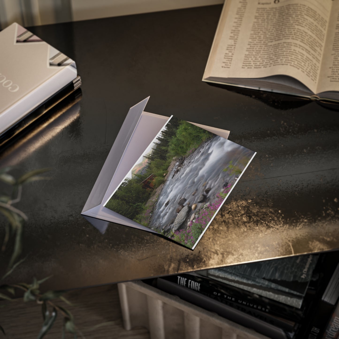 River Cabin Holiday Card — Scenic Mountain Stream Photo Card (One-Sided)