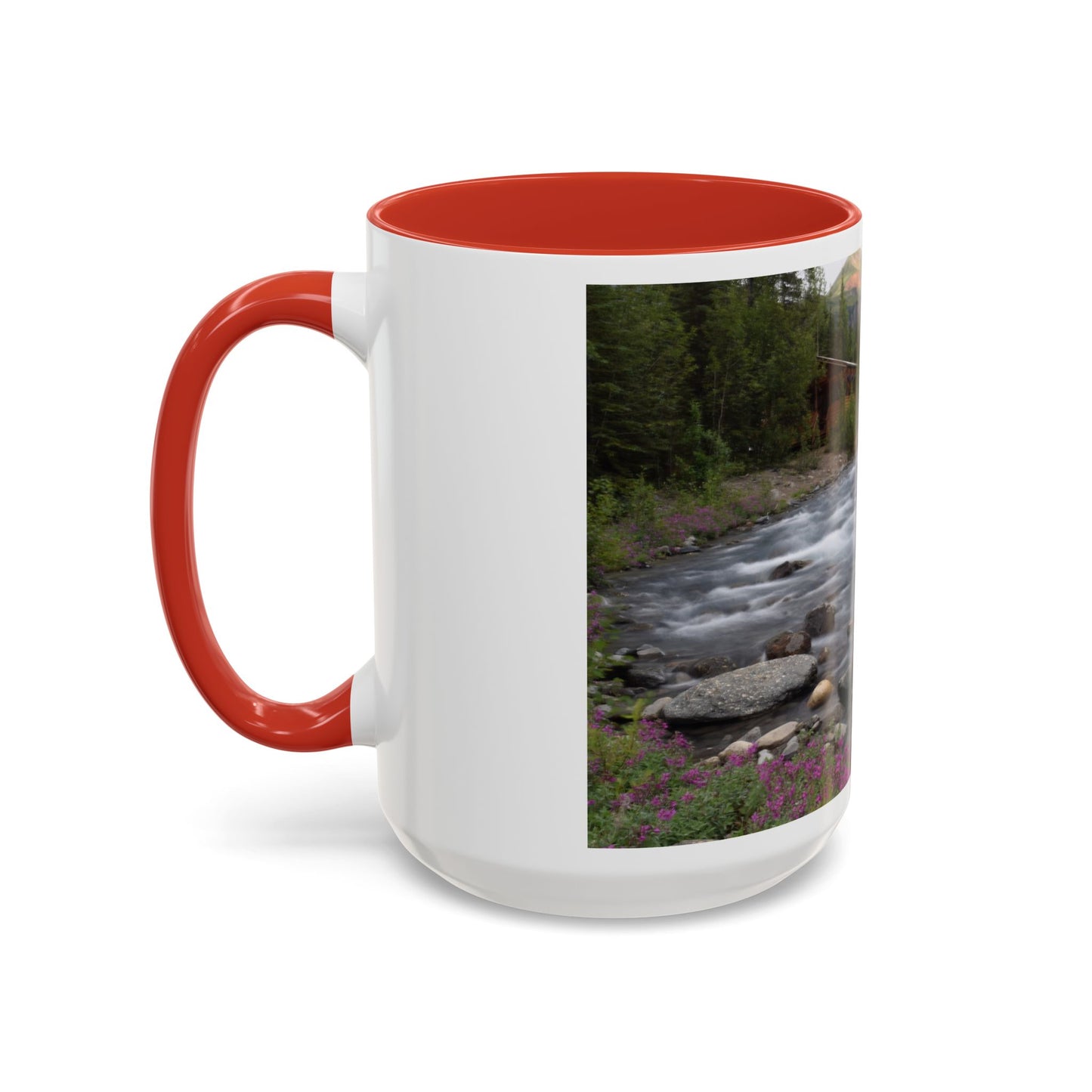Mountain River Accent Coffee Mug — Scenic Cabin Stream Nature Gift