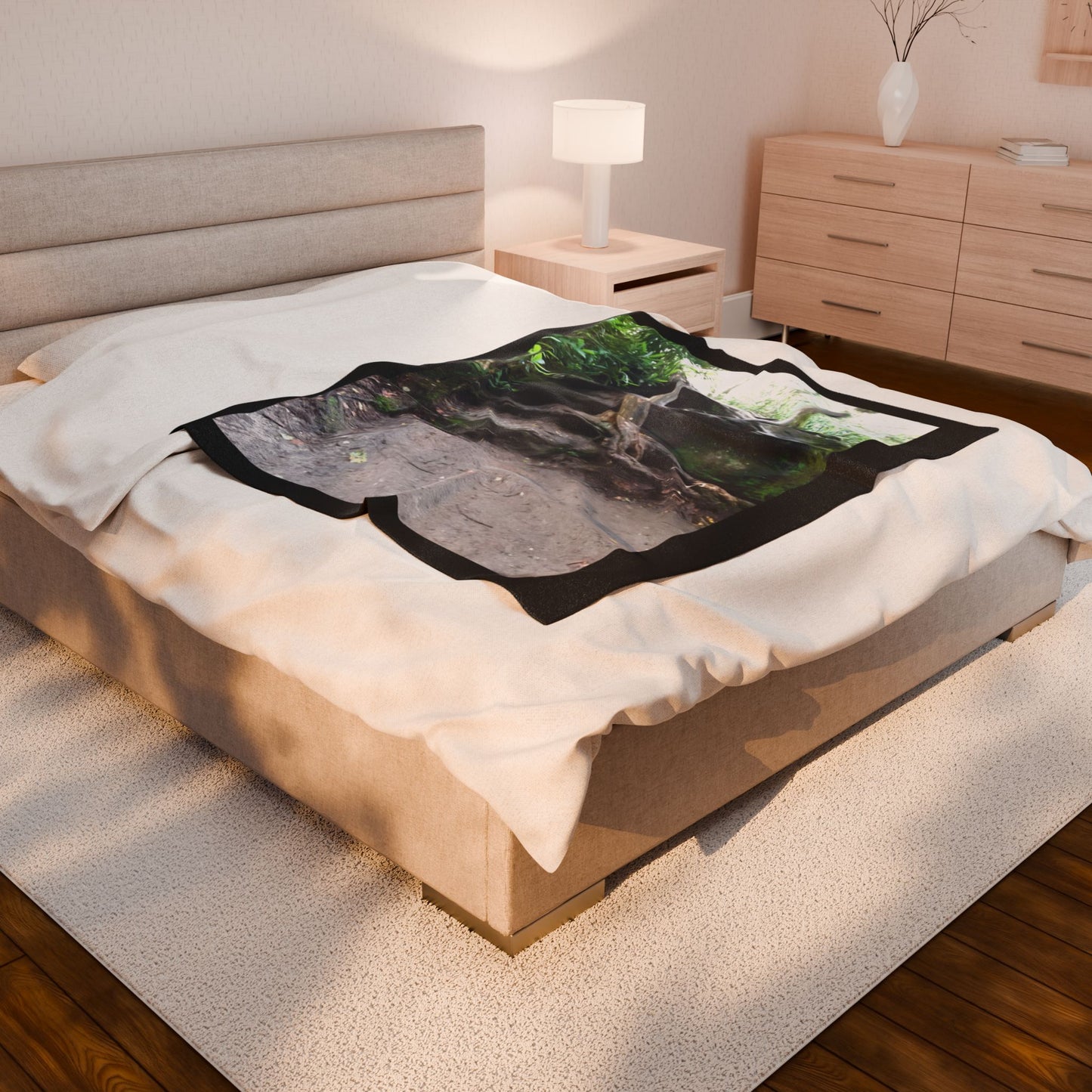 Forest Rock Path Velveteen Plush Blanket — Nature Photo Cozy Throw