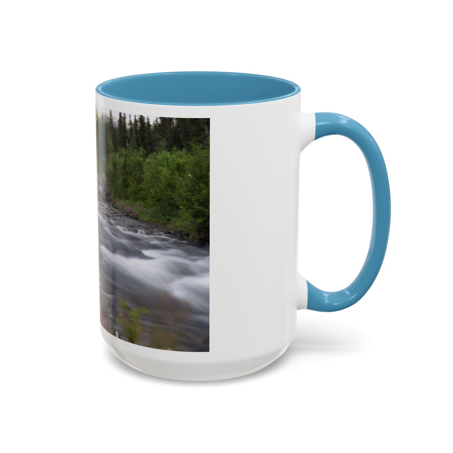 Mountain River Accent Coffee Mug — Scenic Cabin Stream Nature Gift