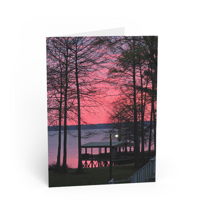 Lake Sunset Greeting Card — Pink Twilight Dock Note Card