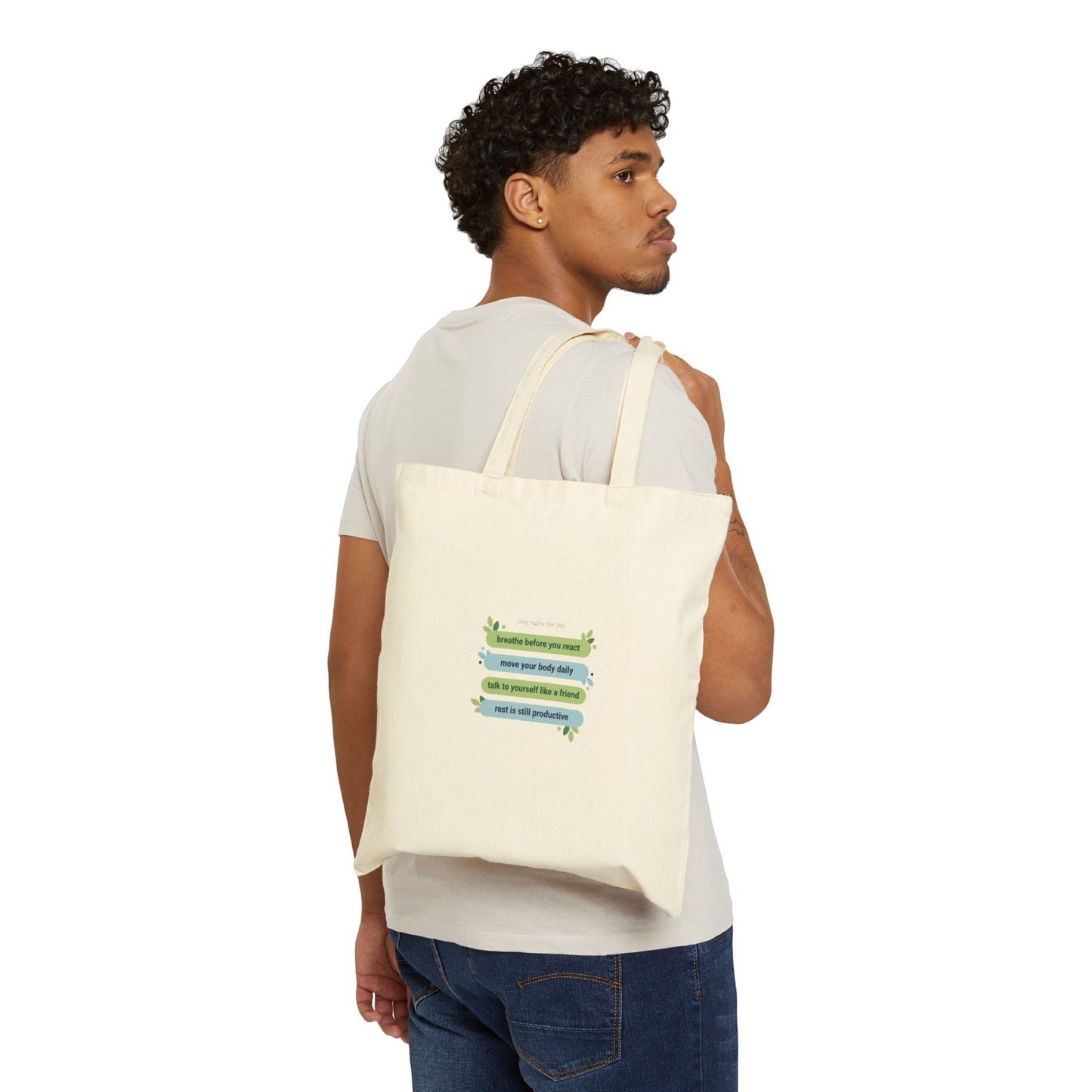 Tiny Rules for Life list tote, minimalist self-care mantra canvas tote