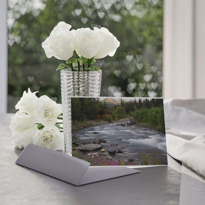 River Cabin Holiday Card — Scenic Mountain Stream Photo Card (One-Sided)