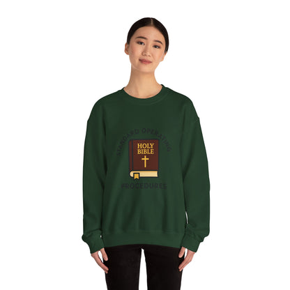 Crewneck Sweatshirt — "Standard Operating Procedures" Holy Bible Graphic