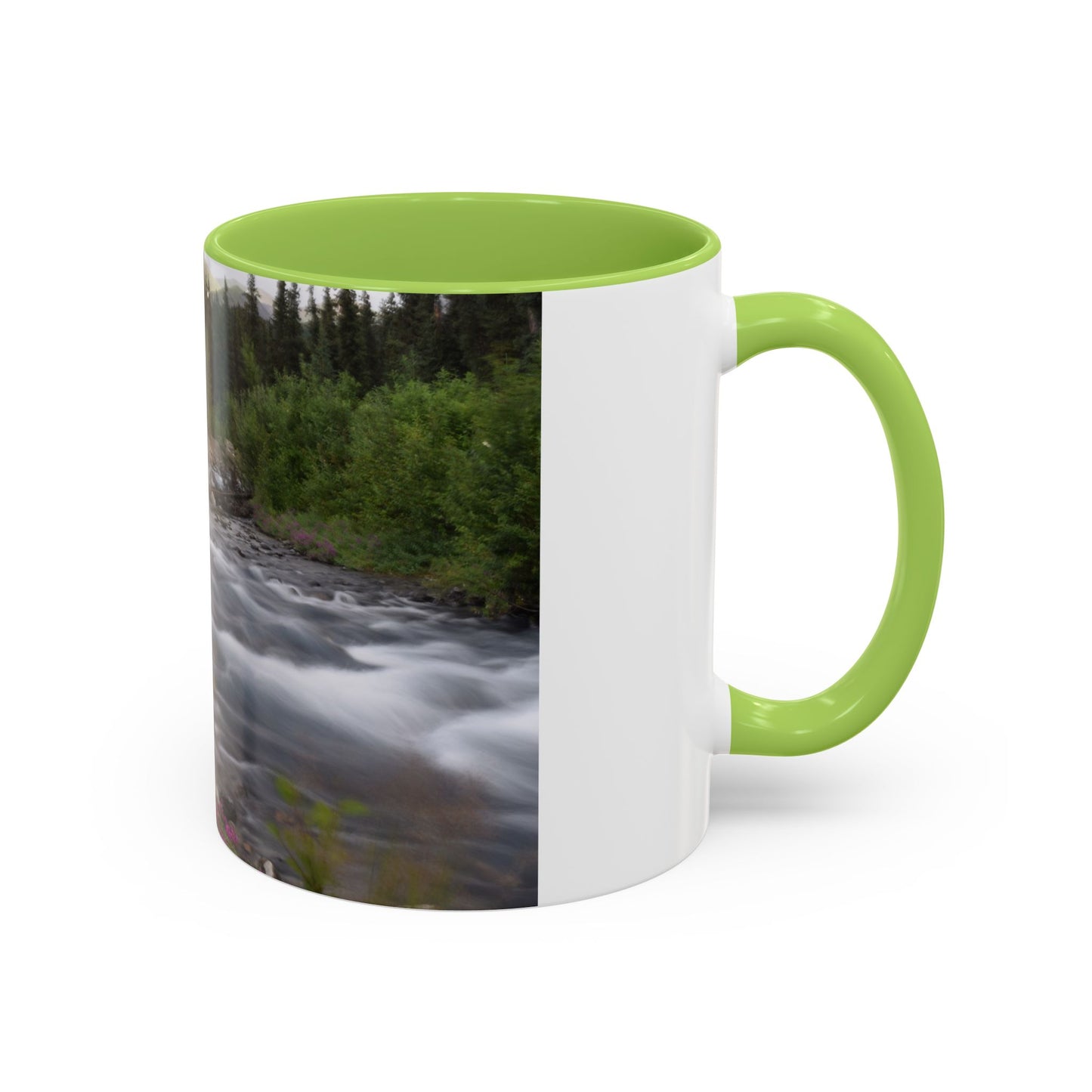Mountain River Accent Coffee Mug — Scenic Cabin Stream Nature Gift