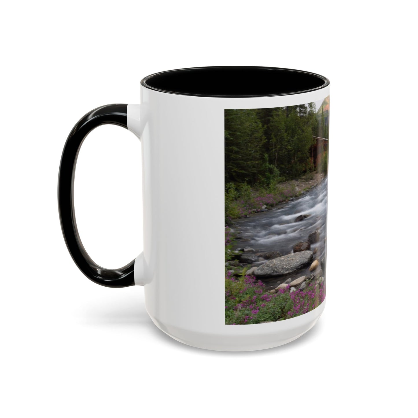 Mountain River Accent Coffee Mug — Scenic Cabin Stream Nature Gift