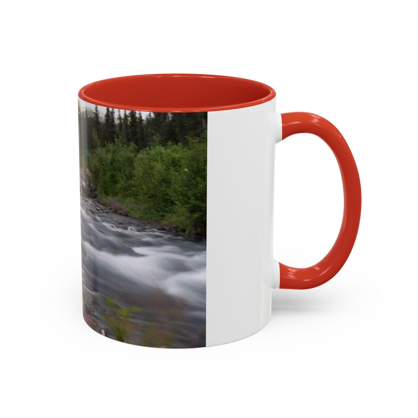Mountain River Accent Coffee Mug — Scenic Cabin Stream Nature Gift