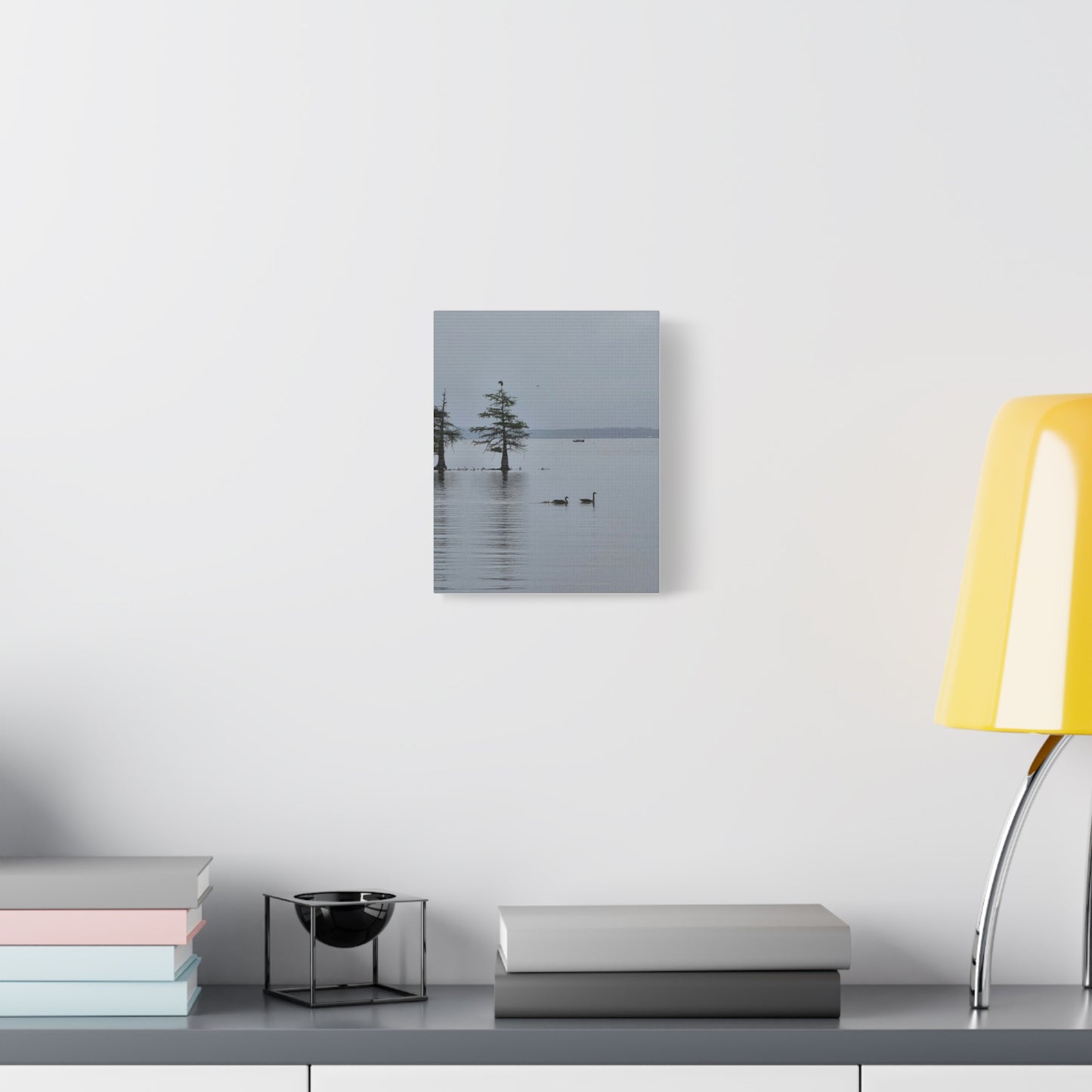 Tranquil Lake Canvas Print — Geese on Misty Water
